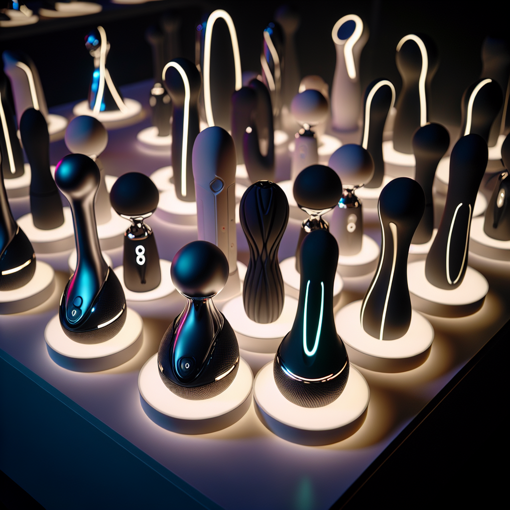 Une collection de sextoys futuristes et élégants exposés sur une table, chacun avec un design unique et innovant, éclairé par une lumière douce pour créer une atmosphère moderne et intime.