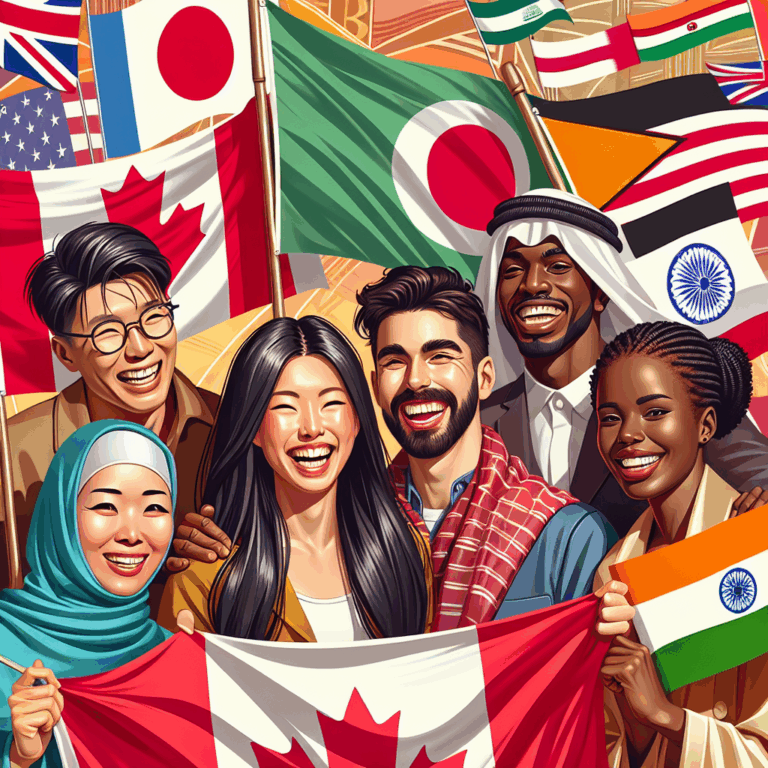 A diverse group of people from different nationalities, all smiling and holding a flag representing their country. The background suggests a cozy, romantic setting, highlighting a theme of love and passion. Vibrant colors to suggest diversity and energy.