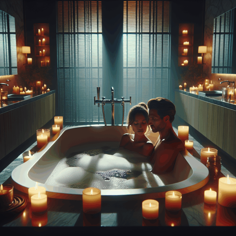 A romántic scene in a modern bathroom with a luxurious bathtub, warm candle lights, and ambient bubbles; a couple enjoying a cozy bath together, with a focus on creating an intimate and serene mood.