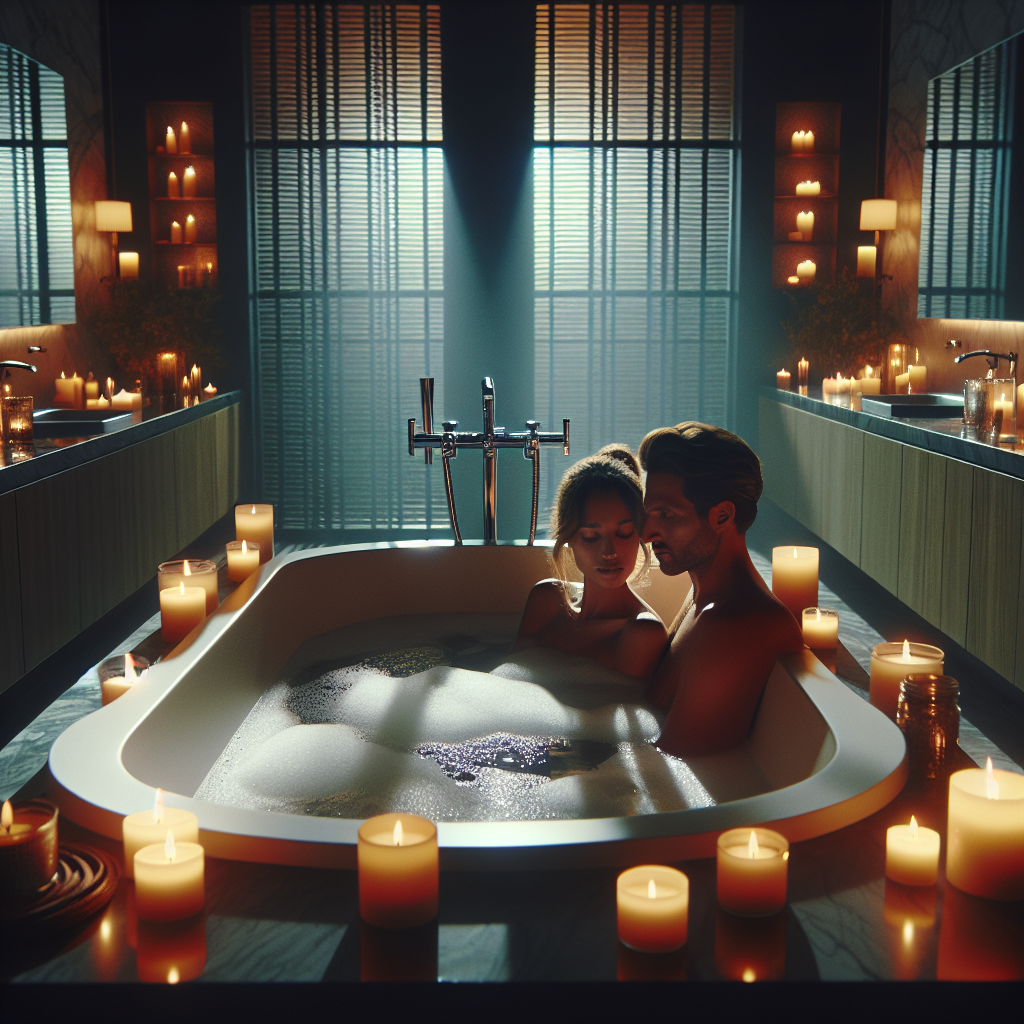 A romántic scene in a modern bathroom with a luxurious bathtub, warm candle lights, and ambient bubbles; a couple enjoying a cozy bath together, with a focus on creating an intimate and serene mood.