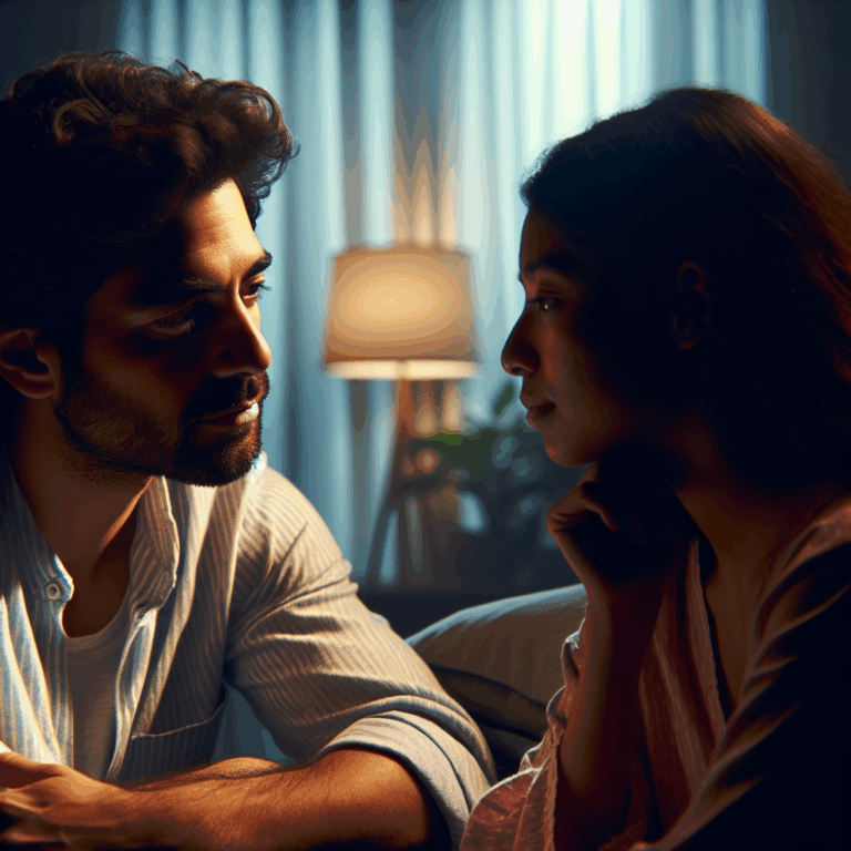 A tender and introspective scene of a couple talking intimately at home, surrounded by soft lighting, with expressions of deep thought and connection, symbolizing self-reflection and love evaluation.