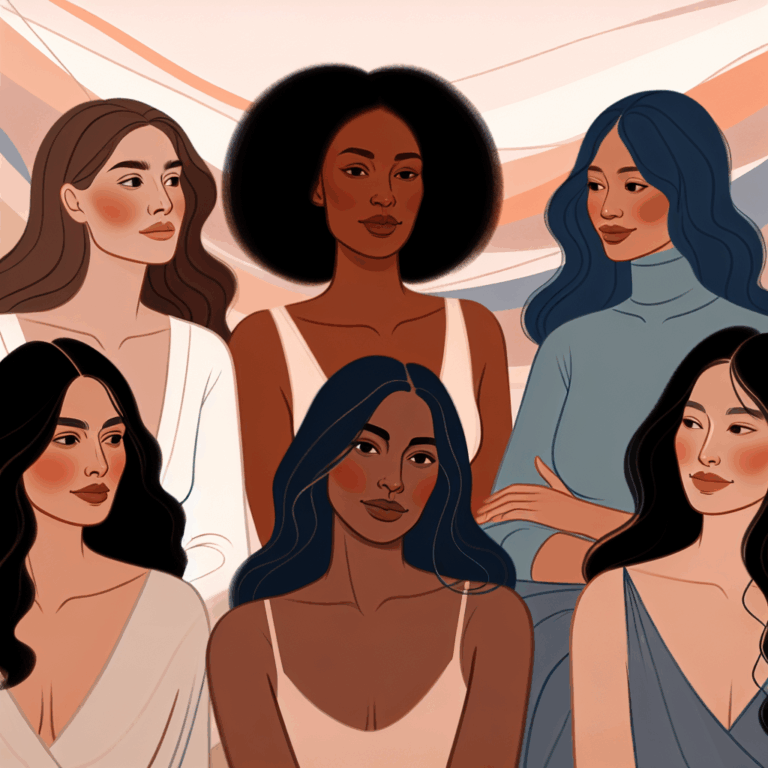 A confident and diverse group of women having an open discussion about sexual preferences, with abstract representations of intimacy and connection in the background.