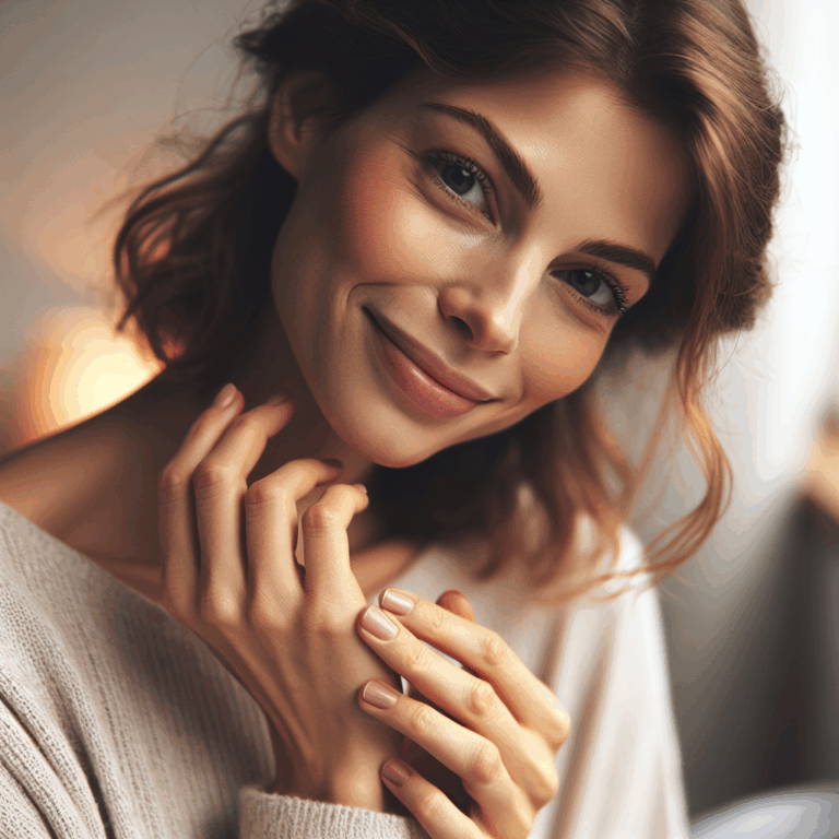 A woman with a loving gaze, smiling gently in a soft romantic setting, with subtle gestures that suggest affection and warmth, emphasizing the theme of body language and connection.