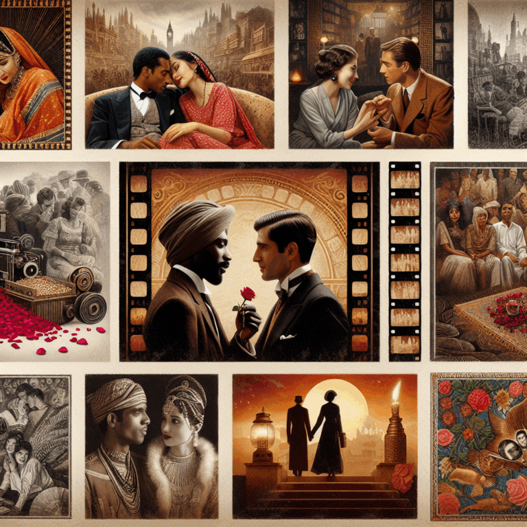 Cinematic collage of romantic movie scenes with a seductive atmosphere, including iconic moments with couples in intimate settings, surrounded by symbolic elements like rose petals or candlelight, film reel borders to evoke the art of cinema.