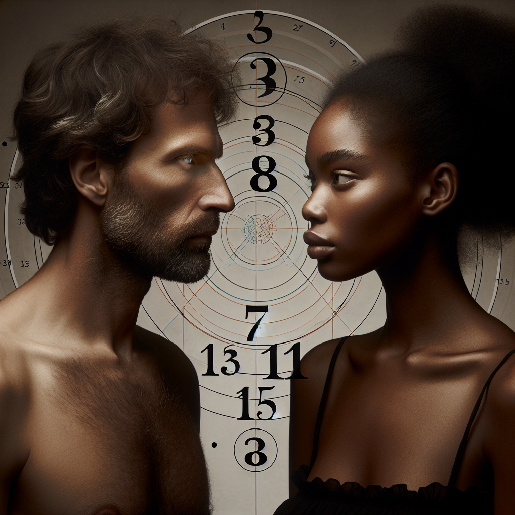A diverse couple looking at each other with determination, surrounded by symbolic numbers like 3, 7, 11, and 15, representing significant relationship milestones. The background should be subtle but convey a sense of both challenge and hope.