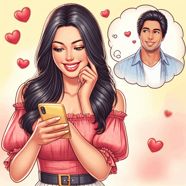 Une jeune femme souriante avec son téléphone, ses pensées vagabondant vers un homme qui lui envoie des messages affectueux tout au long de la journée. Illustration douce et romantique, ambiance lumineuse et joyeuse.