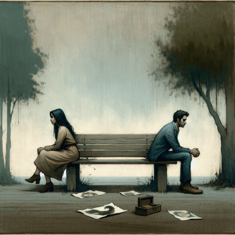 A thoughtful and emotional illustration of a couple sitting apart on a bench, both looking in different directions, symbolizing distance and lack of communication in a relationship, with a muted color palette to convey a somber mood.