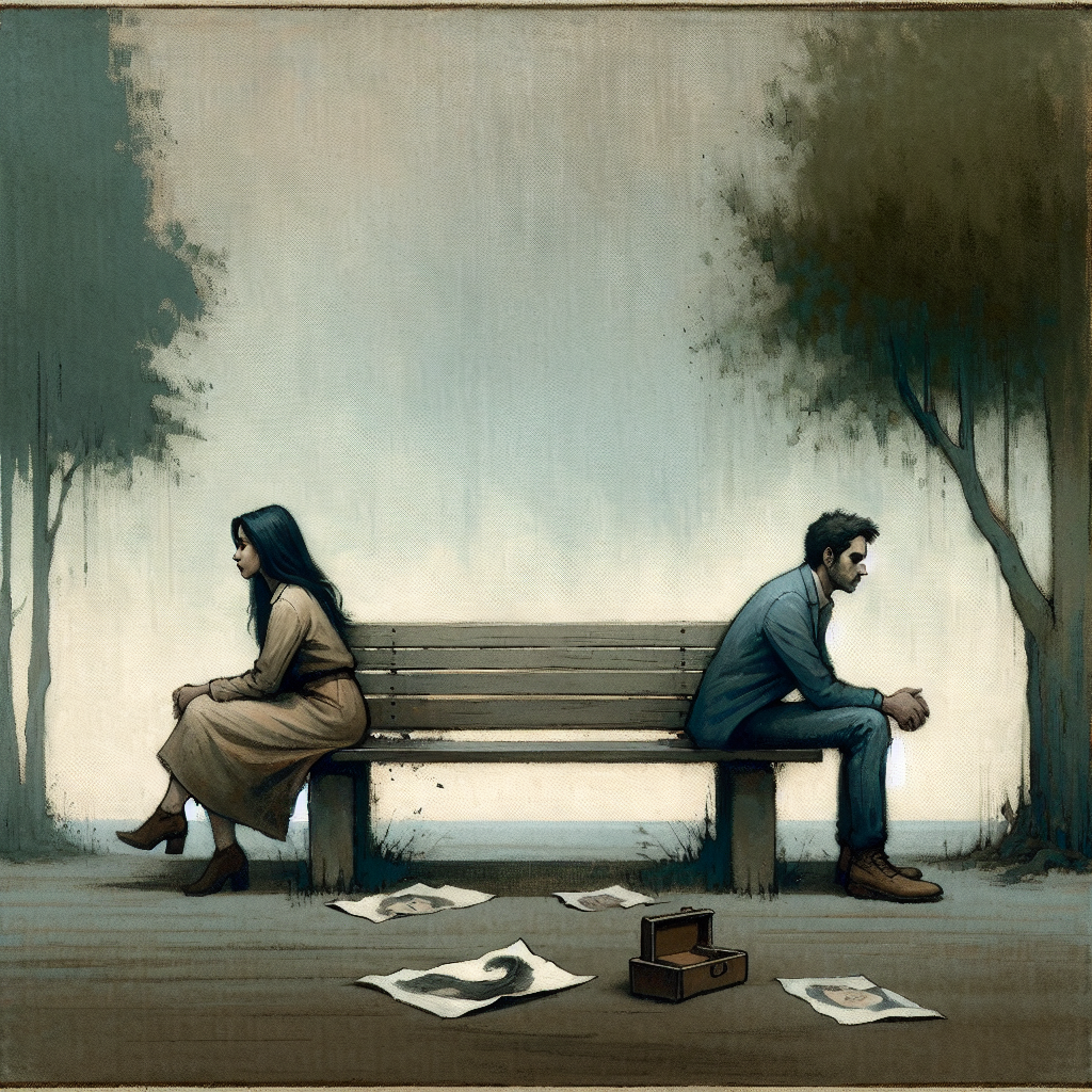 A thoughtful and emotional illustration of a couple sitting apart on a bench, both looking in different directions, symbolizing distance and lack of communication in a relationship, with a muted color palette to convey a somber mood.