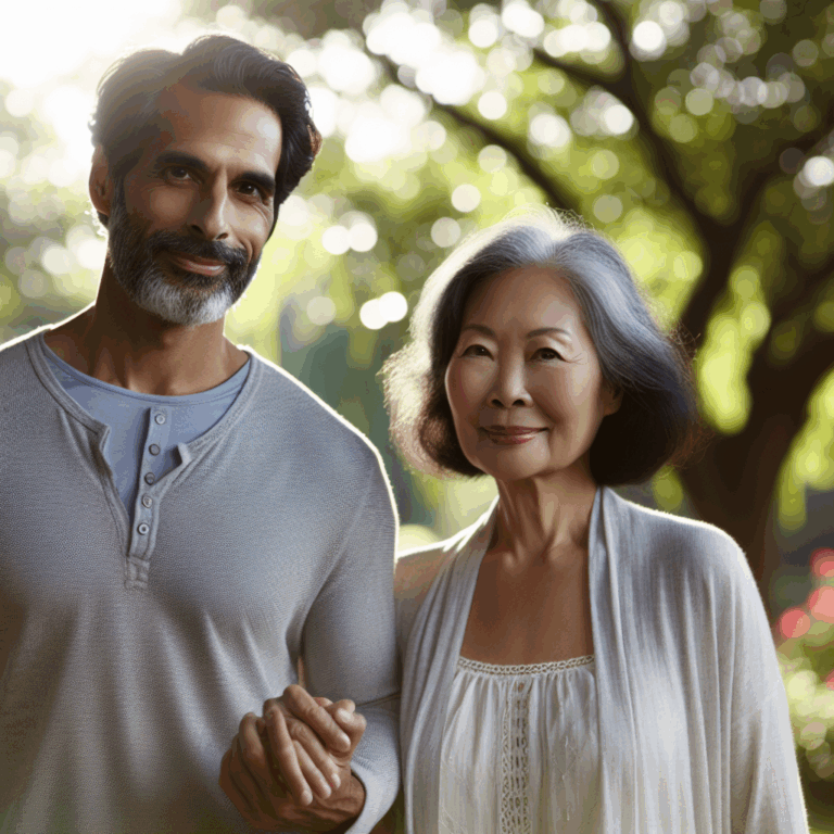 A diverse couple, one partner significantly older, walking hand in hand in a serene park setting, embodying love and mutual happiness, soft focus background with nature elements like trees and flowers, sunny atmosphere.