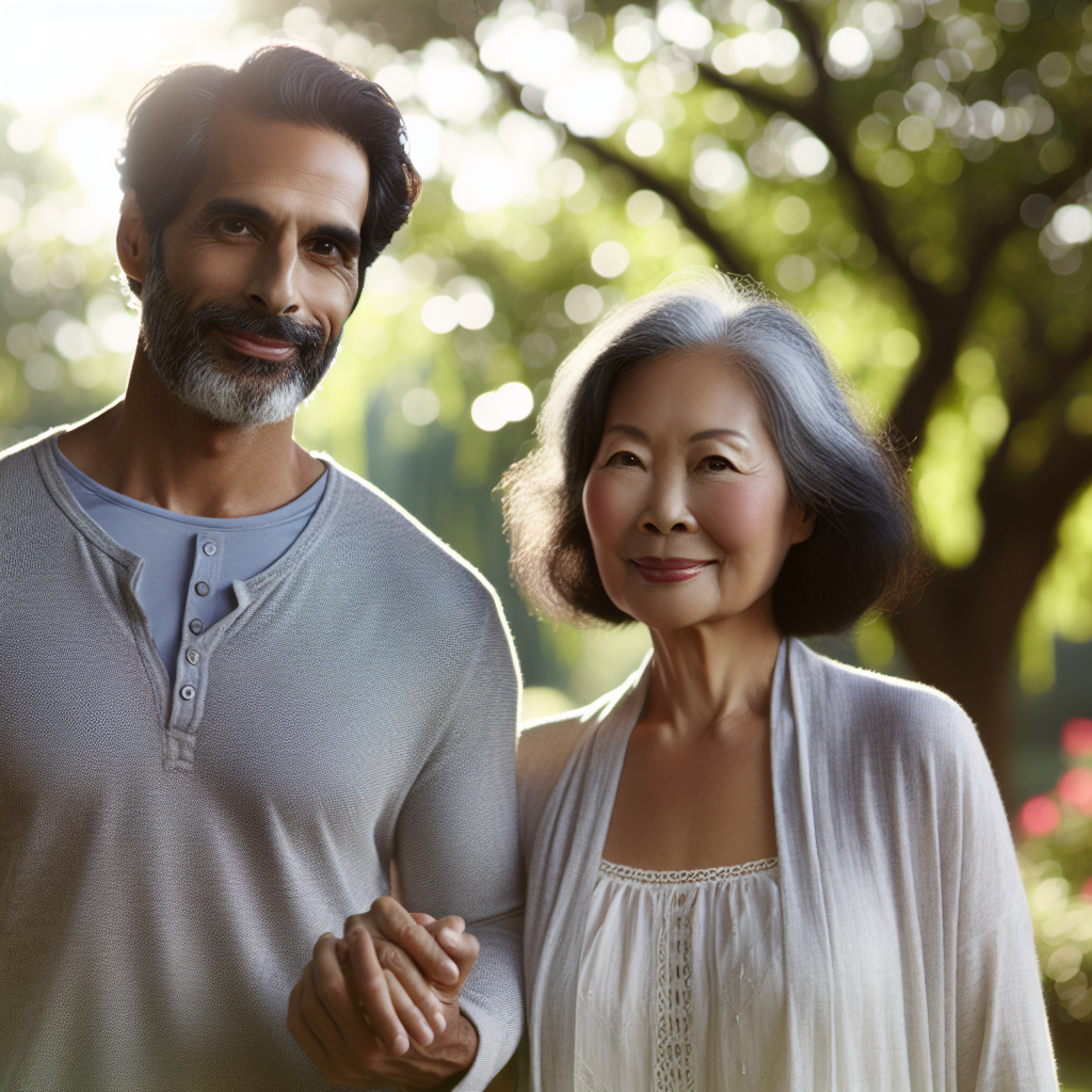 A diverse couple, one partner significantly older, walking hand in hand in a serene park setting, embodying love and mutual happiness, soft focus background with nature elements like trees and flowers, sunny atmosphere.