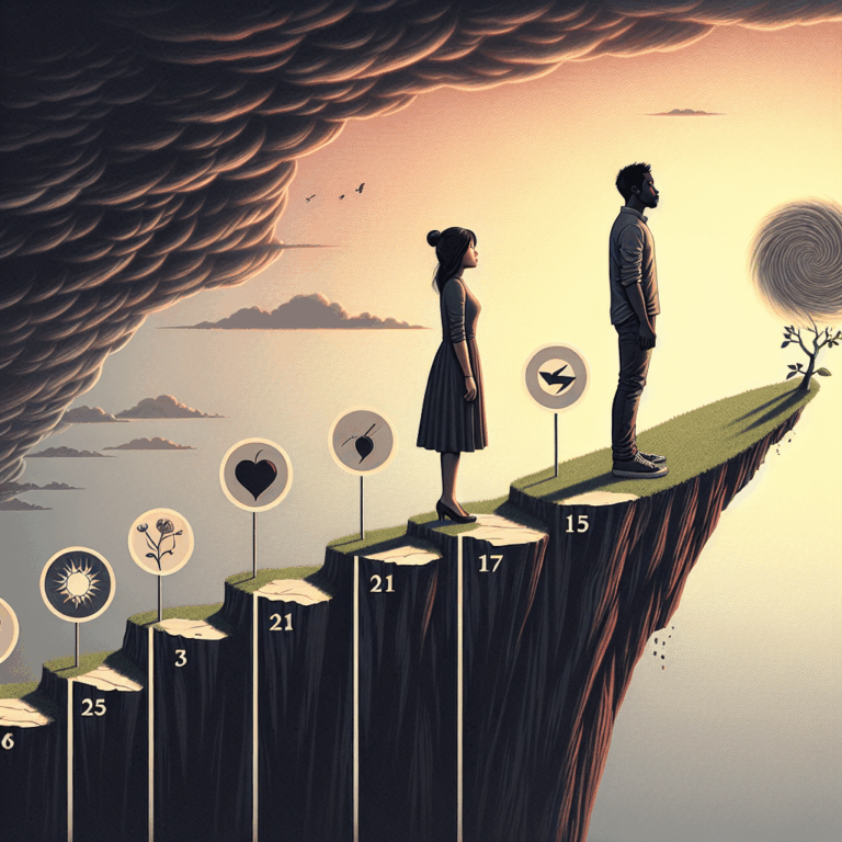 A couple standing on the edge of a symbolic cliff, representing challenges at different stages of their relationship. The background shows a timeline with markers at 3, 7, 11, and 15 years, with each stage depicted with symbolic imagery for challenges and resolutions in relationships.
