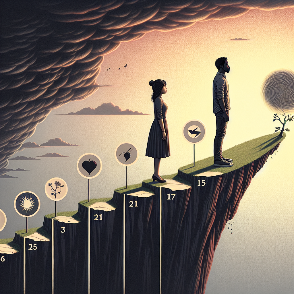 A couple standing on the edge of a symbolic cliff, representing challenges at different stages of their relationship. The background shows a timeline with markers at 3, 7, 11, and 15 years, with each stage depicted with symbolic imagery for challenges and resolutions in relationships.