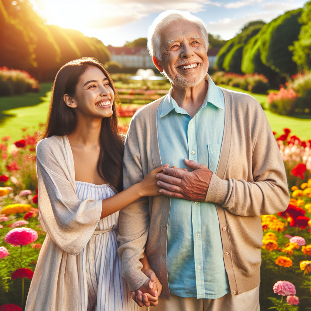 A couple with a significant age difference enjoying a sunny afternoon in a park, smiling and holding hands, with a backdrop of blooming flowers, symbolizing the beauty of diverse love stories.
