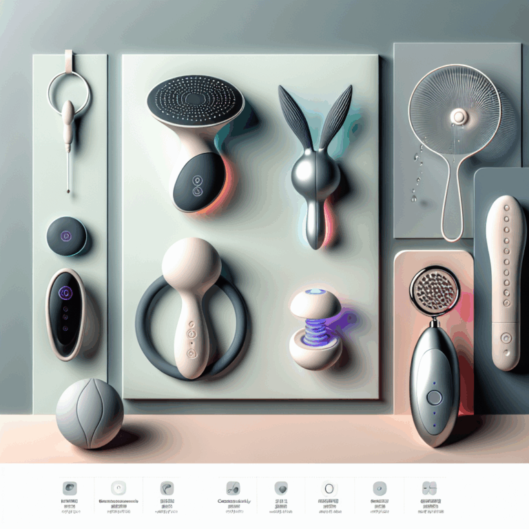 A modern and stylish layout featuring various innovative sex toys such as a vibrating rabbit, an ecologically designed stimulator, a showerhead toy, and fashionable wearable devices. Emphasize a sleek, futuristic design with neutral background and vibrant accents.