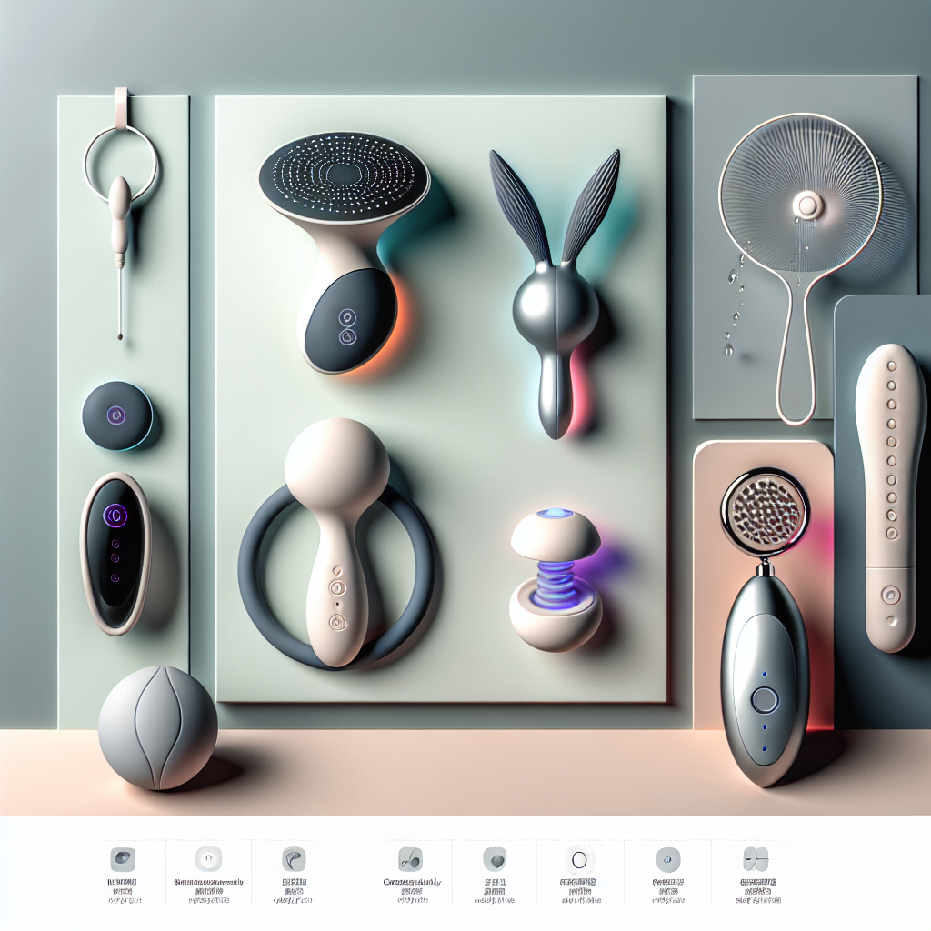A modern and stylish layout featuring various innovative sex toys such as a vibrating rabbit, an ecologically designed stimulator, a showerhead toy, and fashionable wearable devices. Emphasize a sleek, futuristic design with neutral background and vibrant accents.