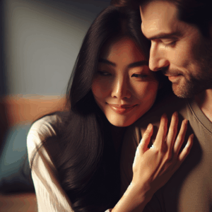 A couple in a playful and affectionate moment, where one partner is gently biting the other's shoulder. The setting is intimate, with soft lighting that creates a sense of closeness and warmth.