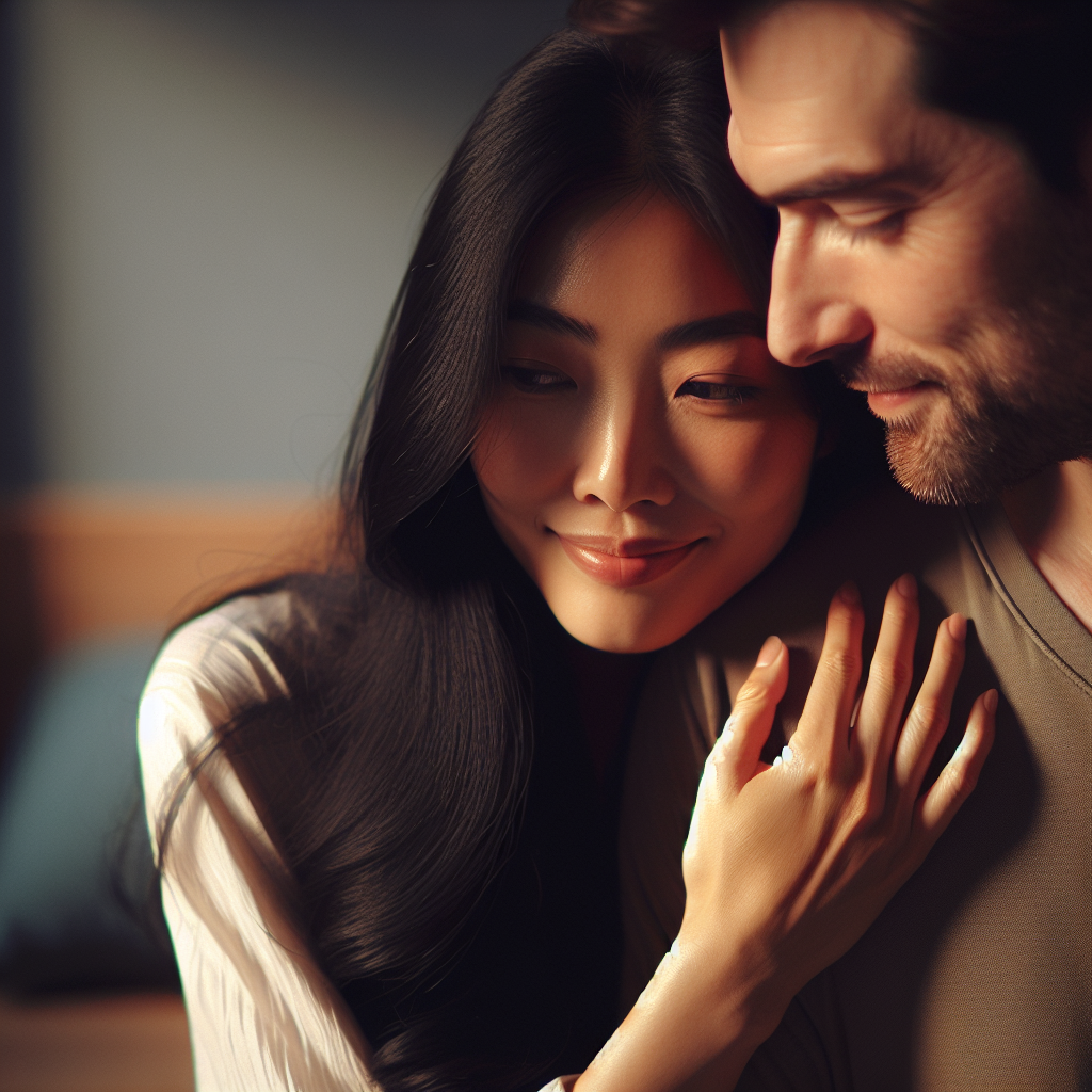 A couple in a playful and affectionate moment, where one partner is gently biting the other's shoulder. The setting is intimate, with soft lighting that creates a sense of closeness and warmth.