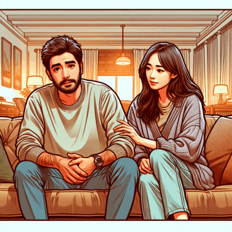 An illustration showing a couple sitting on a couch with comfortable expressions. The man appears slightly worried, while the woman is reassuring him with a calm demeanor. The background is a cozy living room.