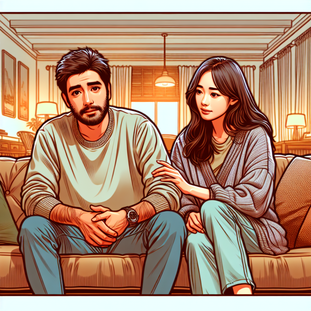 An illustration showing a couple sitting on a couch with comfortable expressions. The man appears slightly worried, while the woman is reassuring him with a calm demeanor. The background is a cozy living room.
