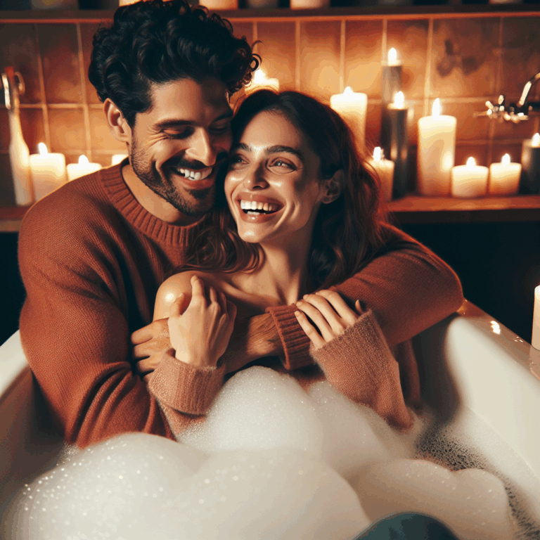 A romantic couple enjoying a sensual and intimate moment in a bathtub filled with bubbles and warm water. The setting is cozy and lit by candles, evoking a feeling of relaxation and intimacy. The couple, diverse in ethnicity and appearance, is laughing and embracing each other, capturing a playful and affectionate moment that highlights the essence of the 'tub snug' position.