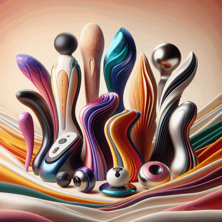 A futuristic and stylish display of various innovative sex toys, showcasing sleek designs and advanced technology in a modern and sophisticated setting, emphasizing diversity in shape and functionality.