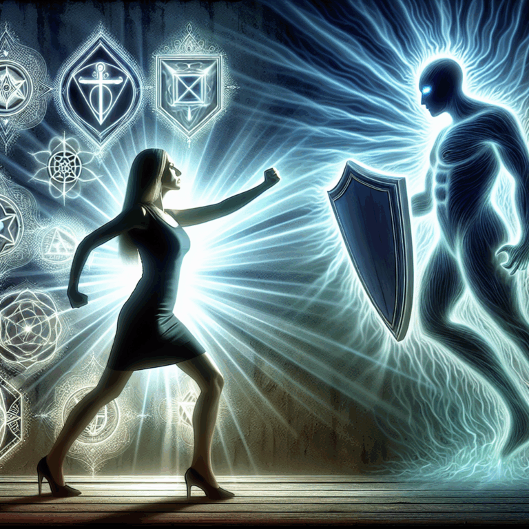 An illustration showing a person confidently confronting a shadowy figure representing a manipulator, with empowering symbols like shields or light surrounding them to symbolize protection and awareness.