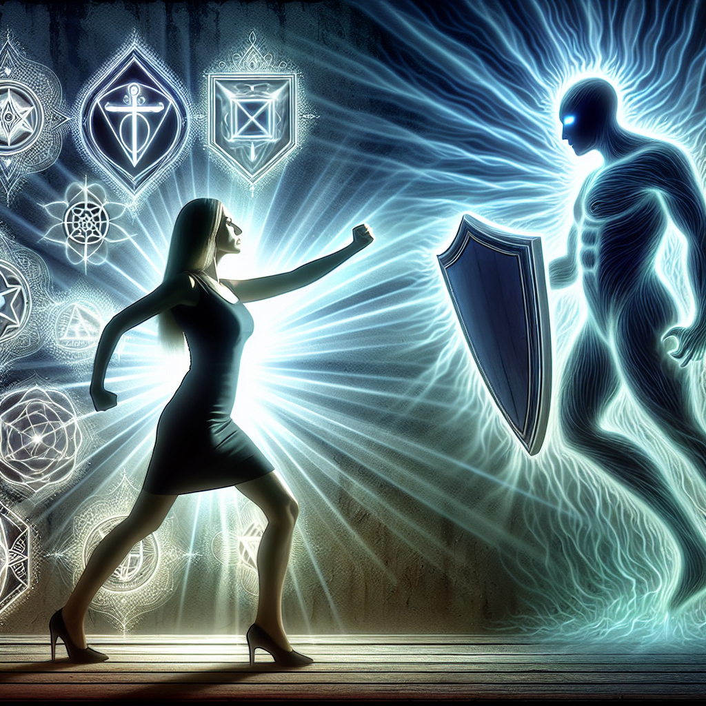 An illustration showing a person confidently confronting a shadowy figure representing a manipulator, with empowering symbols like shields or light surrounding them to symbolize protection and awareness.