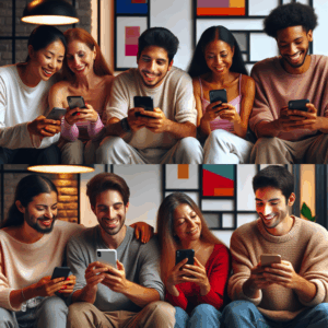 A diverse group of couples using mobile apps together, showcasing happiness and engagement in a cozy setting. The image should reflect different cultures and types of relationships, with a modern and colorful aesthetic.