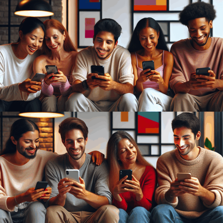 A diverse group of couples using mobile apps together, showcasing happiness and engagement in a cozy setting. The image should reflect different cultures and types of relationships, with a modern and colorful aesthetic.