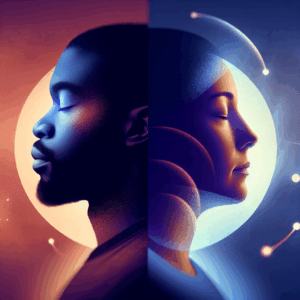 Un homme et une femme, chacun en état de méditation, explorant des sensations, avec des lumières tamisées et un décor relaxant, illustrant la pratique du gooning dans un style artistique soft et abstrait, avec des couleurs apaisantes.