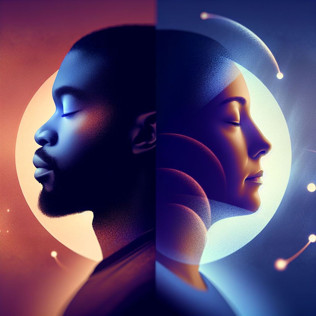 Un homme et une femme, chacun en état de méditation, explorant des sensations, avec des lumières tamisées et un décor relaxant, illustrant la pratique du gooning dans un style artistique soft et abstrait, avec des couleurs apaisantes.