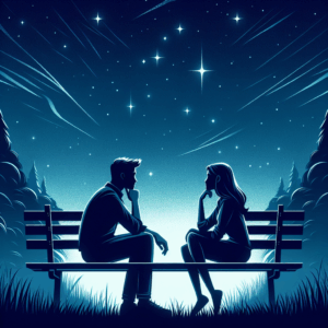Illustration d'un couple contemplatif assis sur un banc, sous un ciel étoilé, symbolisant la réflexion et l'introspection dans une relation amoureuse.