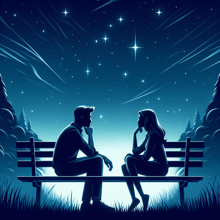 Illustration d'un couple contemplatif assis sur un banc, sous un ciel étoilé, symbolisant la réflexion et l'introspection dans une relation amoureuse.