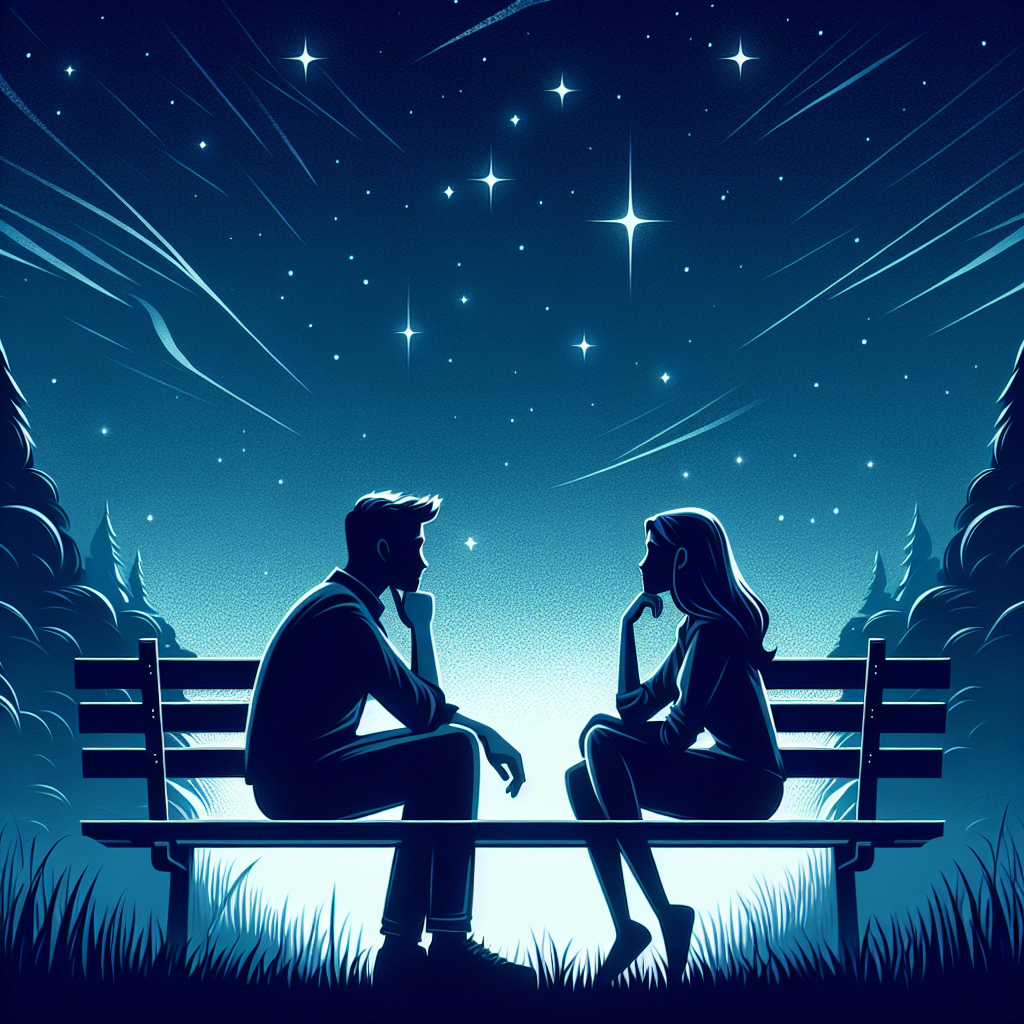 Illustration d'un couple contemplatif assis sur un banc, sous un ciel étoilé, symbolisant la réflexion et l'introspection dans une relation amoureuse.