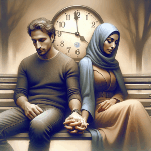 A modern couple sitting on a bench, looking thoughtfully at their hands intertwined, with a clock in the background symbolizing the passage of time. The scene should convey complexity of modern relationships, with a soft, reflective atmosphere.