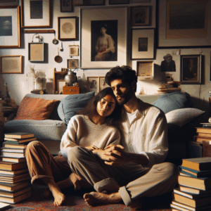 An intimate couple sitting together, reflecting in a cozy living room. They are both thoughtful, surrounded by warm light, books, and personal items that signify a long-term relationship. The atmosphere is introspective and loving.