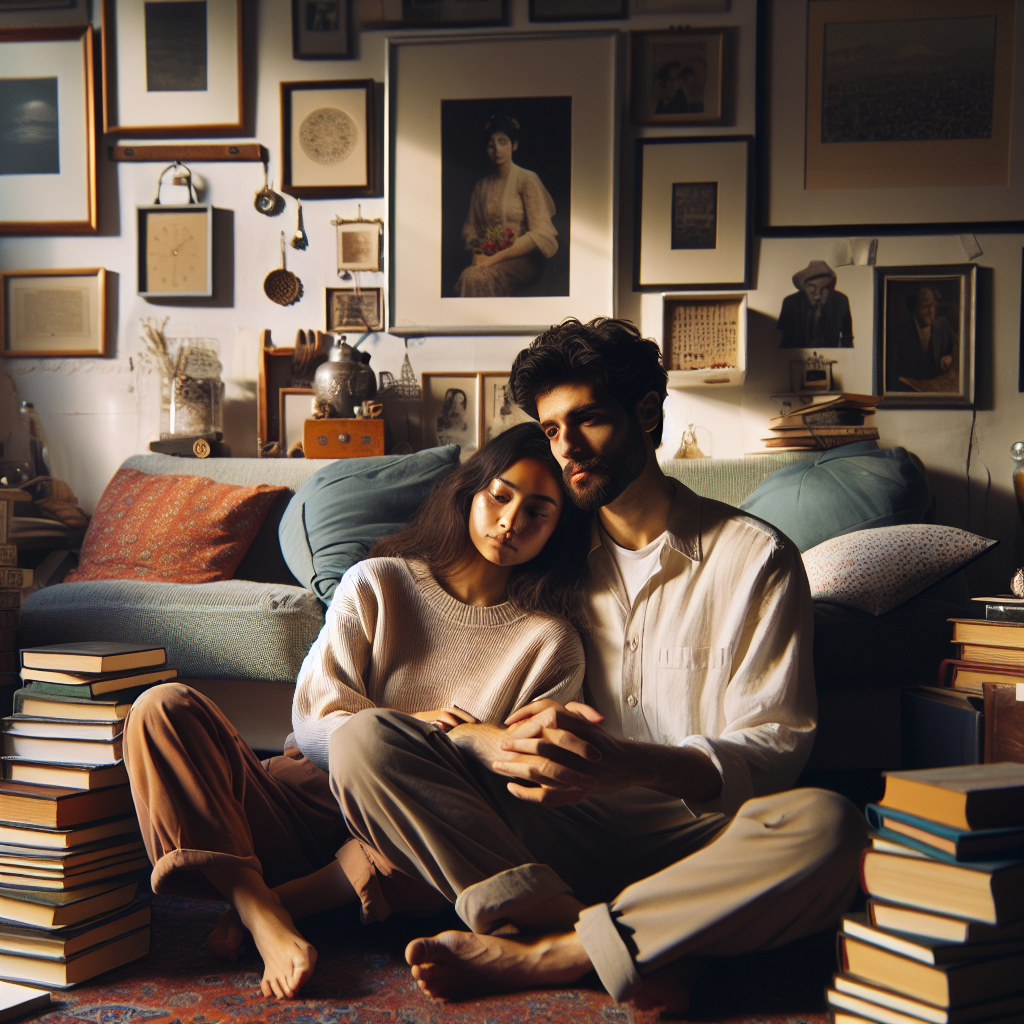 An intimate couple sitting together, reflecting in a cozy living room. They are both thoughtful, surrounded by warm light, books, and personal items that signify a long-term relationship. The atmosphere is introspective and loving.