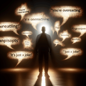A shadowy figure speaking, with phrases like "You're overreacting" and "It's just a joke!" floating around, symbolizing manipulation by narcissists.