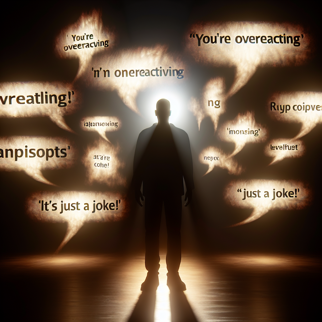 A shadowy figure speaking, with phrases like "You're overreacting" and "It's just a joke!" floating around, symbolizing manipulation by narcissists.
