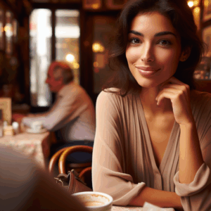 A woman with a glowing, affectionate gaze, sitting in a cozy café, smiling gently as she looks at someone across the table, with subtle romantic overtones visible in her demeanor.