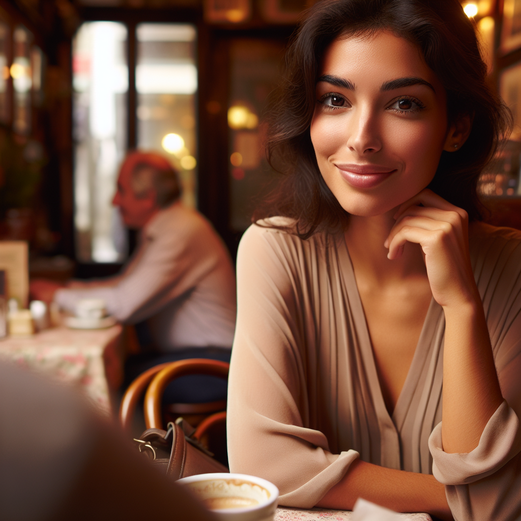 A woman with a glowing, affectionate gaze, sitting in a cozy café, smiling gently as she looks at someone across the table, with subtle romantic overtones visible in her demeanor.