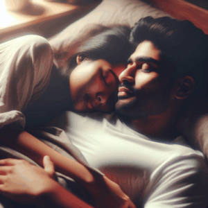 Two people lying in bed in a cozy and intimate spooning position, soft lighting, warm and romantic ambiance, focus on the closeness and tenderness between them.
