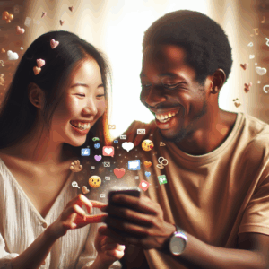 A vibrant, heartwarming illustration of a couple using a smartphone together, smiling and interacting, with symbols of communication, connection, and love gently floating around them, set against a cozy, intimate background.
