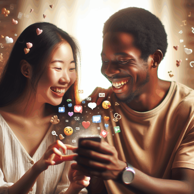 A vibrant, heartwarming illustration of a couple using a smartphone together, smiling and interacting, with symbols of communication, connection, and love gently floating around them, set against a cozy, intimate background.