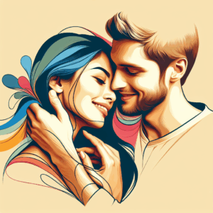 A tender yet playful scene showing a couple in a loving embrace with a hint of a smile, focusing on their face-to-face interaction, portraying a whimsical yet affectionate bond. The colors should be warm and inviting, reflecting an intimate and joyful mood.