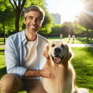A friendly golden retriever sitting next to a man smiling warmly, symbolizing a supportive relationship dynamic. The background is a sunny park scene, capturing joy and companionship.