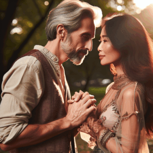 Un couple amoureux, d'âges différents, se tenant la main dans un parc ensoleillé, illustrant la diversité et l'amour au-delà des conventions sociales.