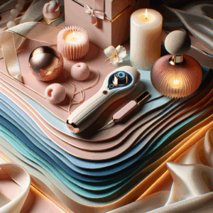 Illustration of an elegant, modern-looking 2-in-1 sextoy in a serene, relaxing setting, emphasizing luxury and well-being. The sextoy should be shown in soft pastel colors with a subtle glow, surrounded by soothing elements like candles and silk fabric, suggesting a blend of technology and comfort.