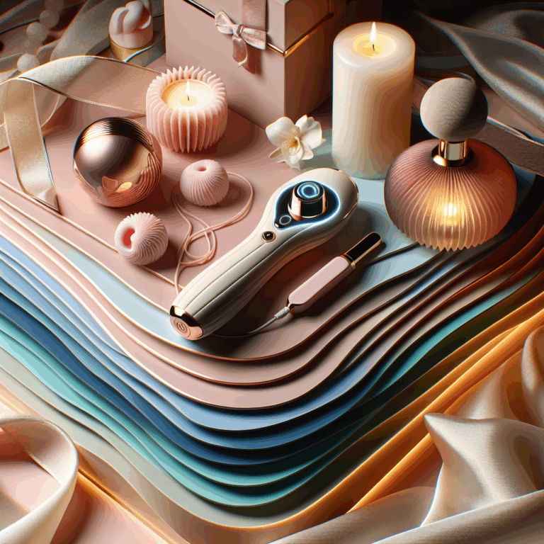 Illustration of an elegant, modern-looking 2-in-1 sextoy in a serene, relaxing setting, emphasizing luxury and well-being. The sextoy should be shown in soft pastel colors with a subtle glow, surrounded by soothing elements like candles and silk fabric, suggesting a blend of technology and comfort.