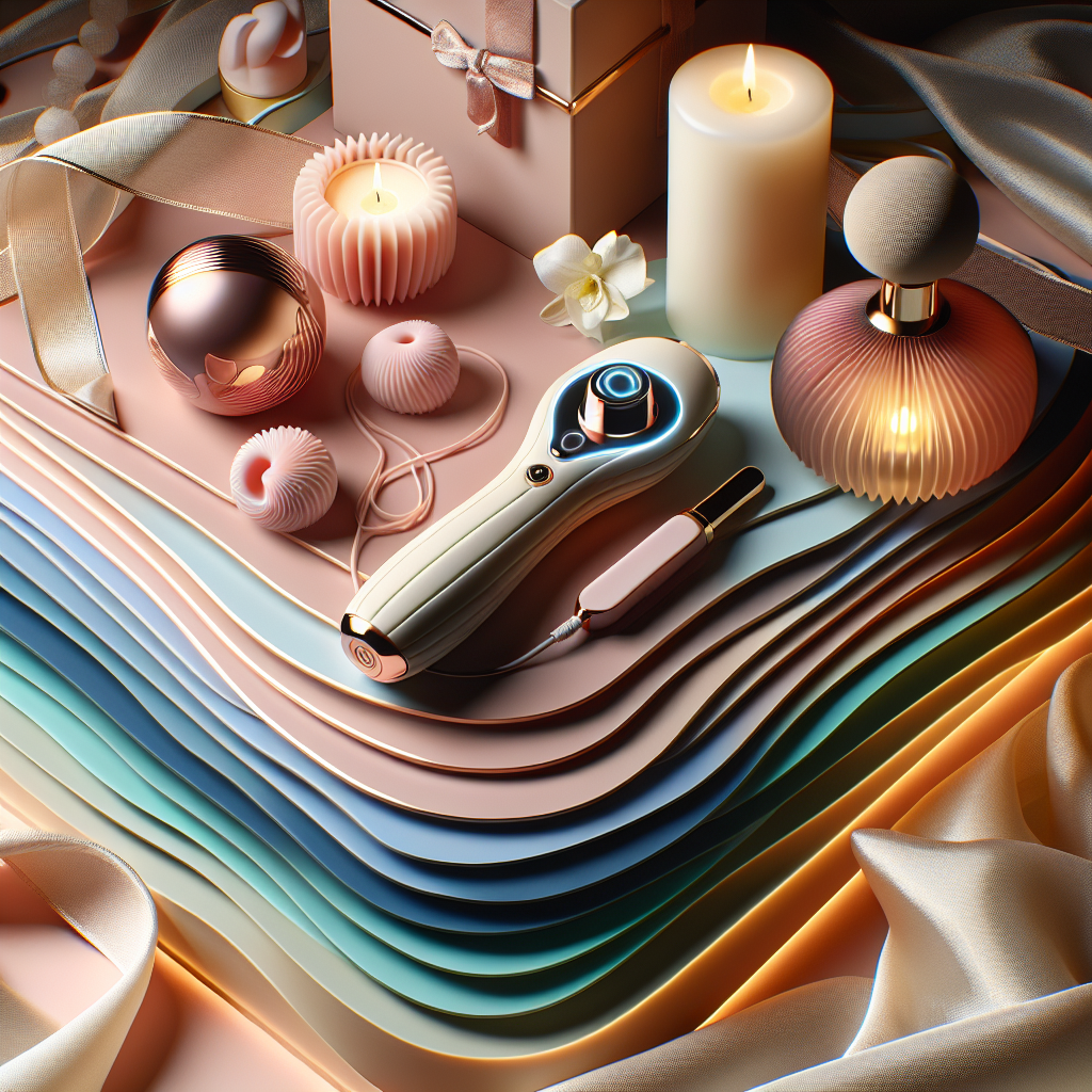 Illustration of an elegant, modern-looking 2-in-1 sextoy in a serene, relaxing setting, emphasizing luxury and well-being. The sextoy should be shown in soft pastel colors with a subtle glow, surrounded by soothing elements like candles and silk fabric, suggesting a blend of technology and comfort.